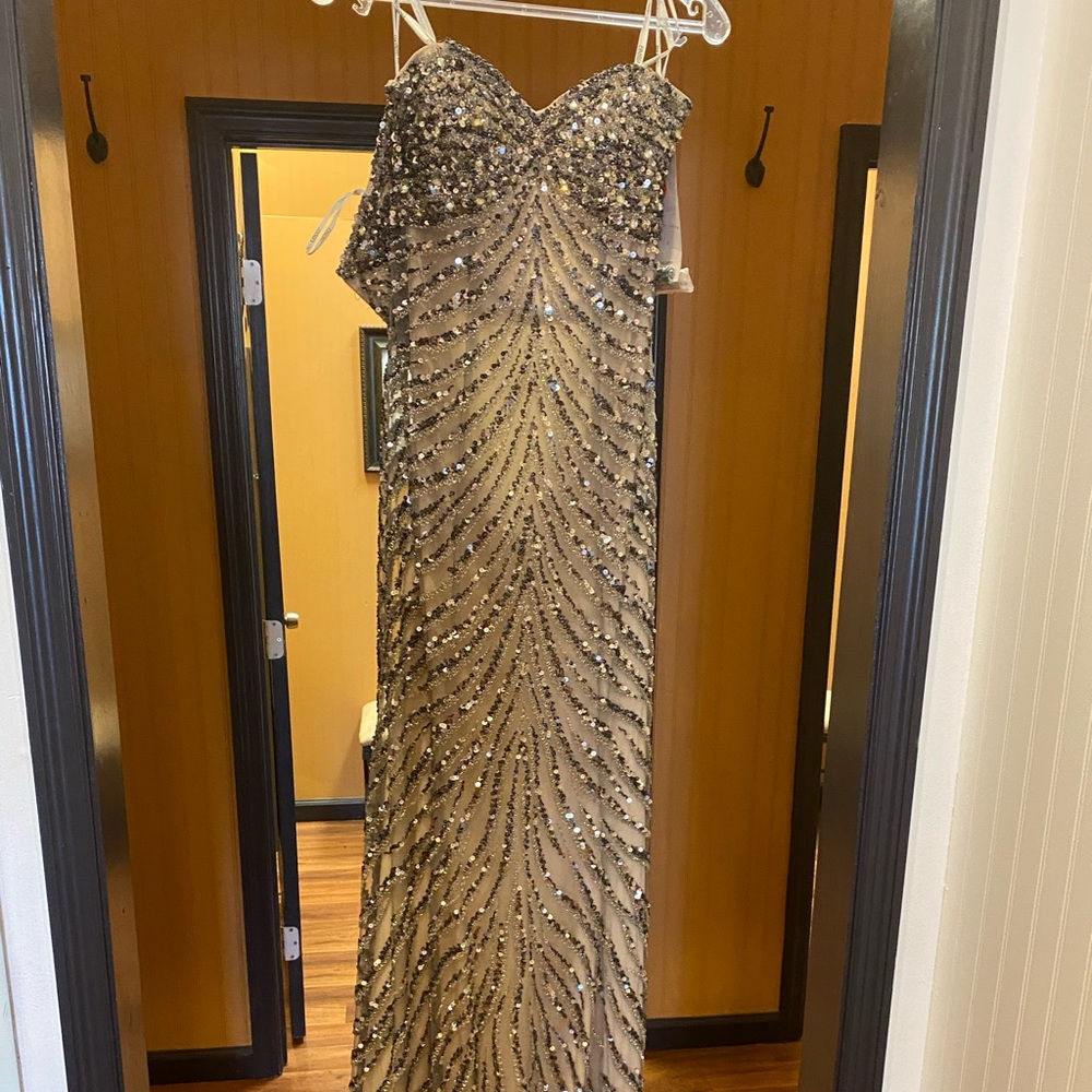 Tony Bowls gunmetal nude sequin gown